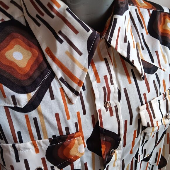 Men;s XL Disco Western Shirt Vintage 1970's Geometric Print Acetate Polyester - Picture 5 of 7